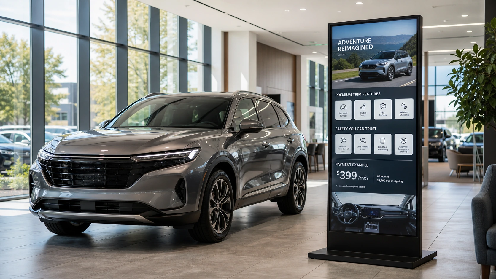 Světlý showroom autosalonu s digitálním displejem vedle nového SUV, na kterém jsou zobrazené prvky výbavy a financování