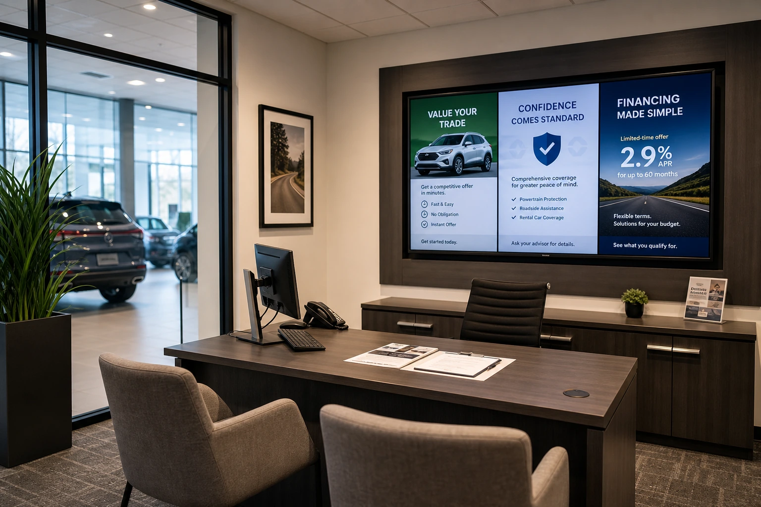 Kancelář financování a pojištění v autosalonu s digitálním displejem zobrazujícím trade-in, záruky a možnosti financování