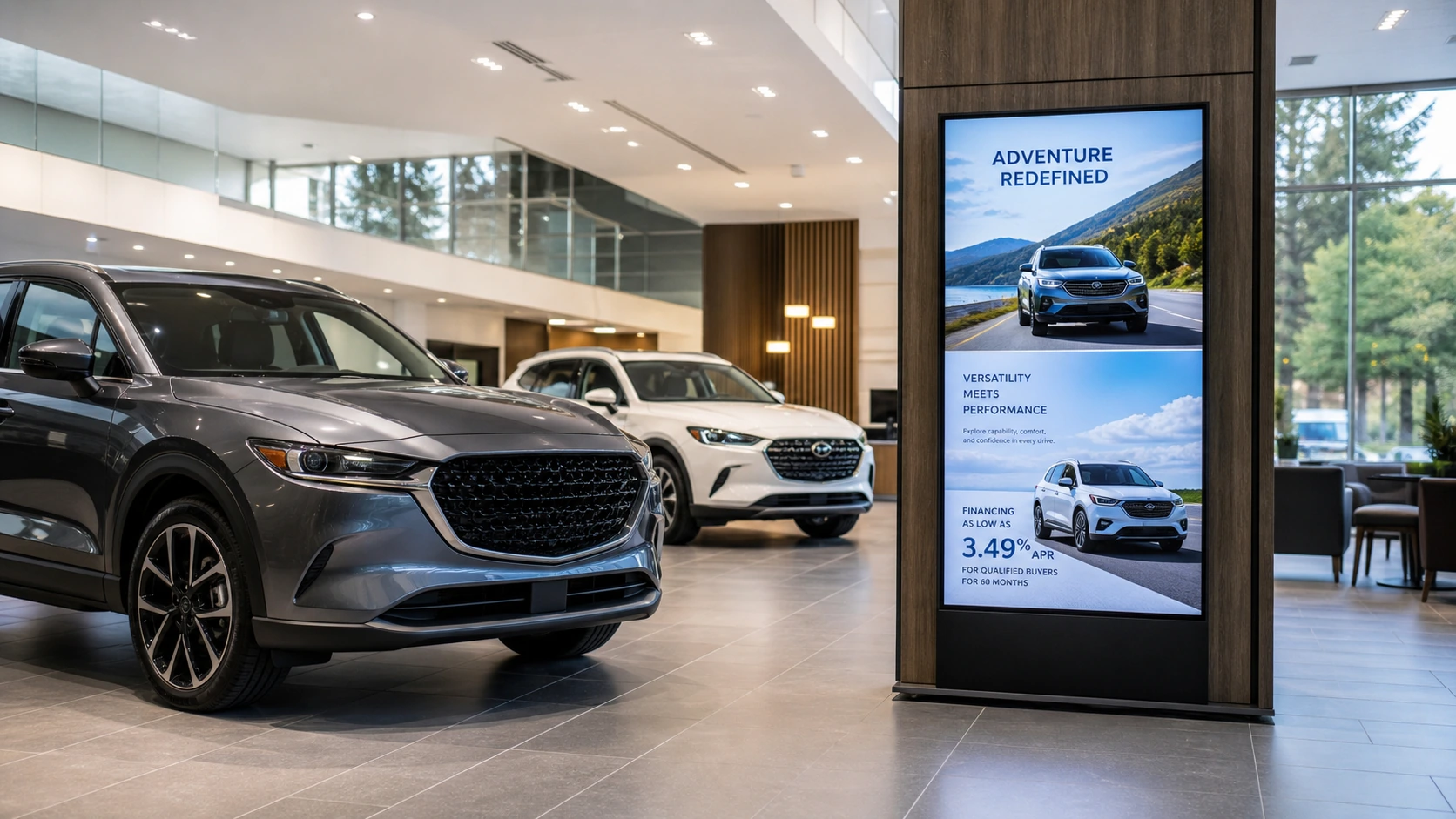 Moderní autosalon s velkým digitálním displejem vedle nových vozů