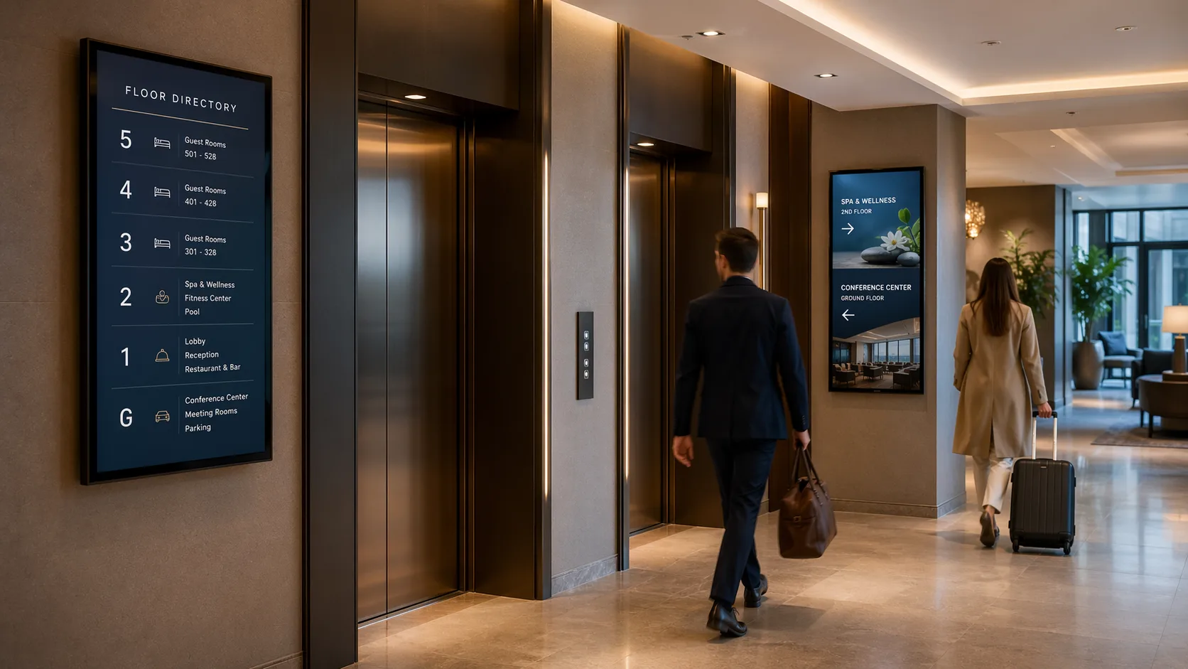 Hotelová hala u výtahů s elegantními digitálními wayfinding obrazovkami zobrazujícími směr k pokojům, spa a konferenčním místnostem