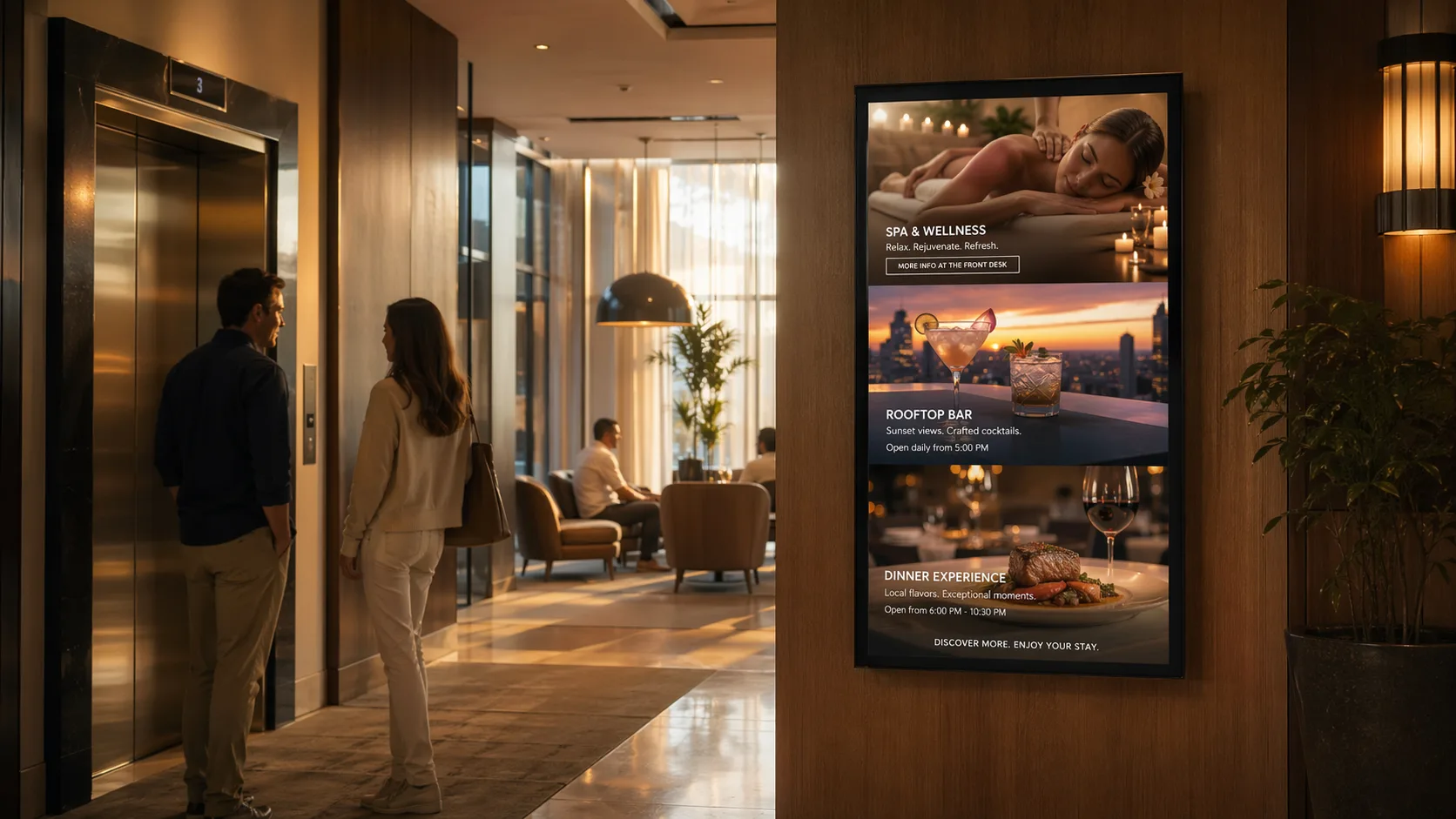 Elegantní hotelová chodba s displejem propagujícím spa procedury, rooftop koktejly a nabídku restaurace u výtahové zóny