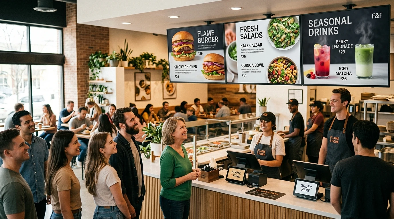 Teplá restaurace rychlého občerstvení v době oběda se třemi velkými ultra-high-definition digitálními tabulemi nad pultem zobrazujícími živé fotografie jídel