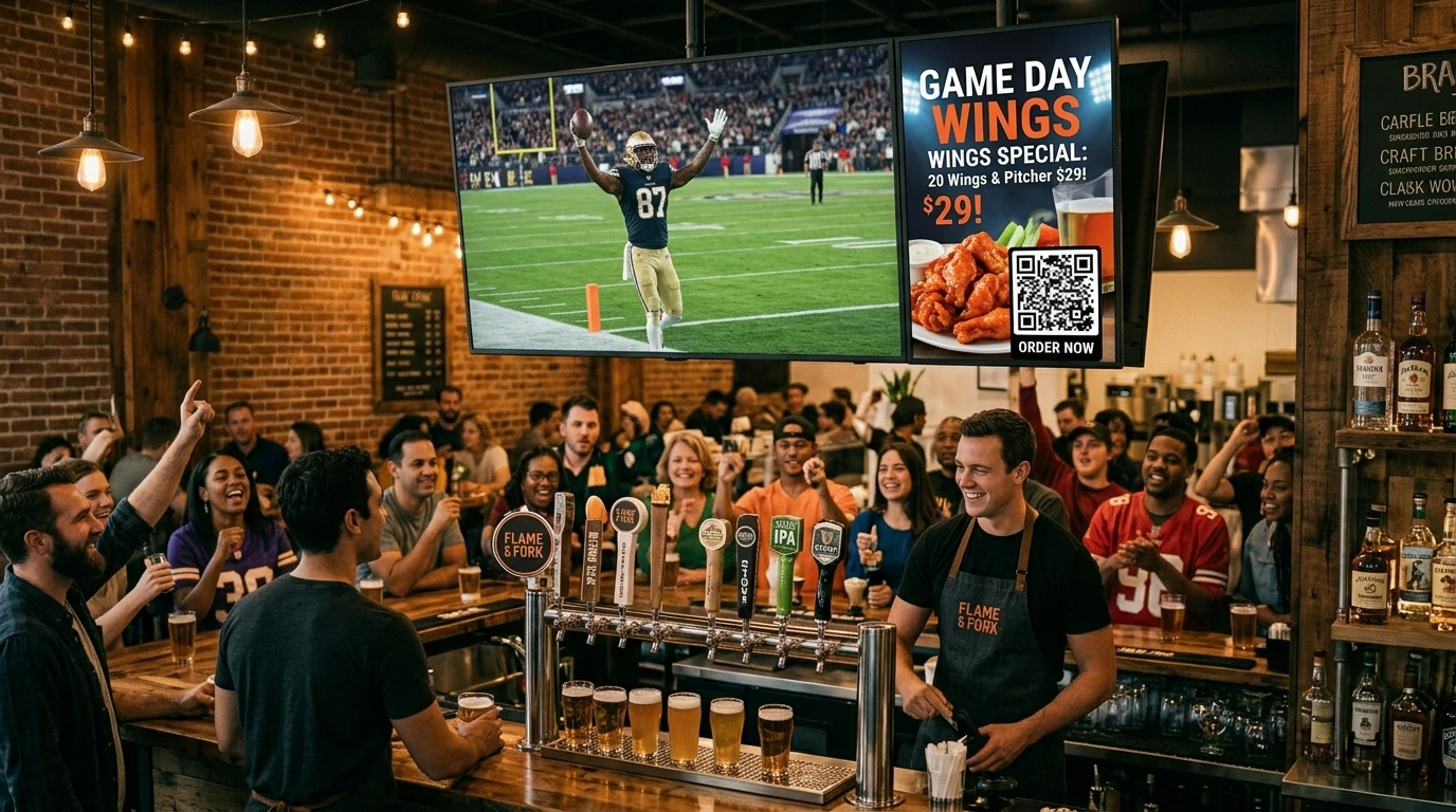 Živý sportovní bar s přenosem zápasu na televizoru nad barem a digitálním displejem propagujícím nabídku křidélek na herní den s QR kódem