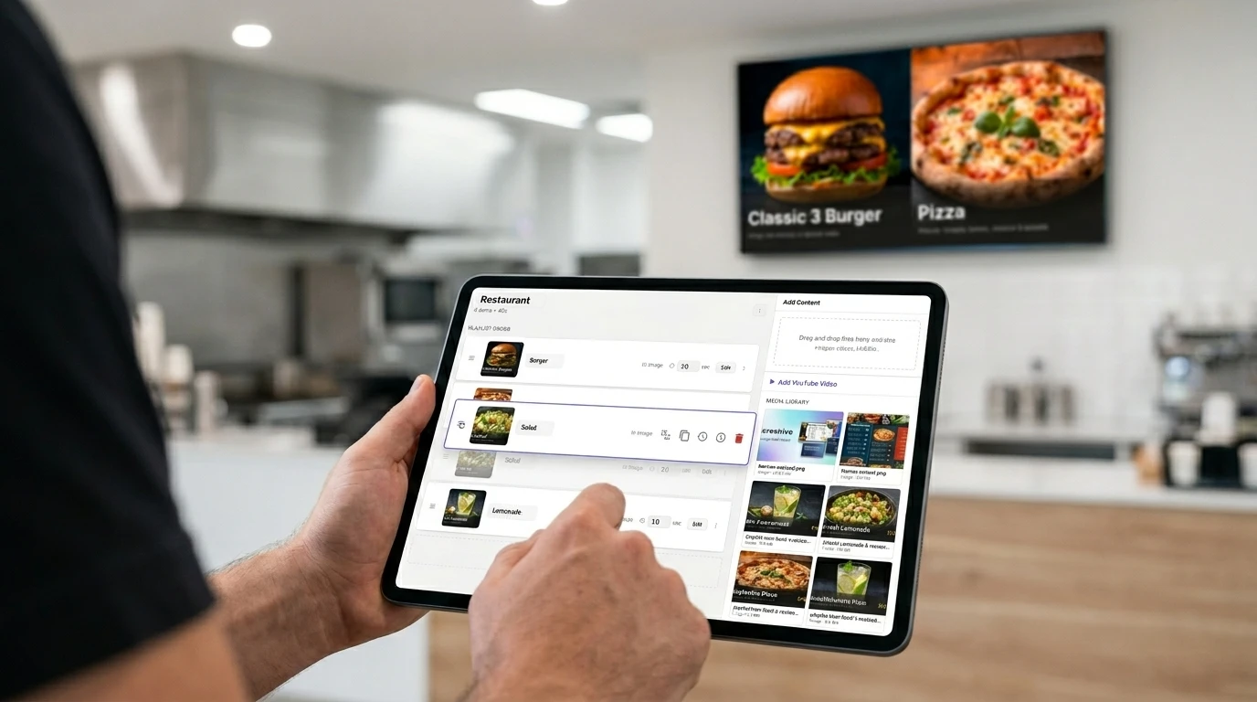 Detail rukou majitele restaurace držícího tablet se zobrazením dashboardu digitálního signage s miniaturami obrazovek a položkami playlistu