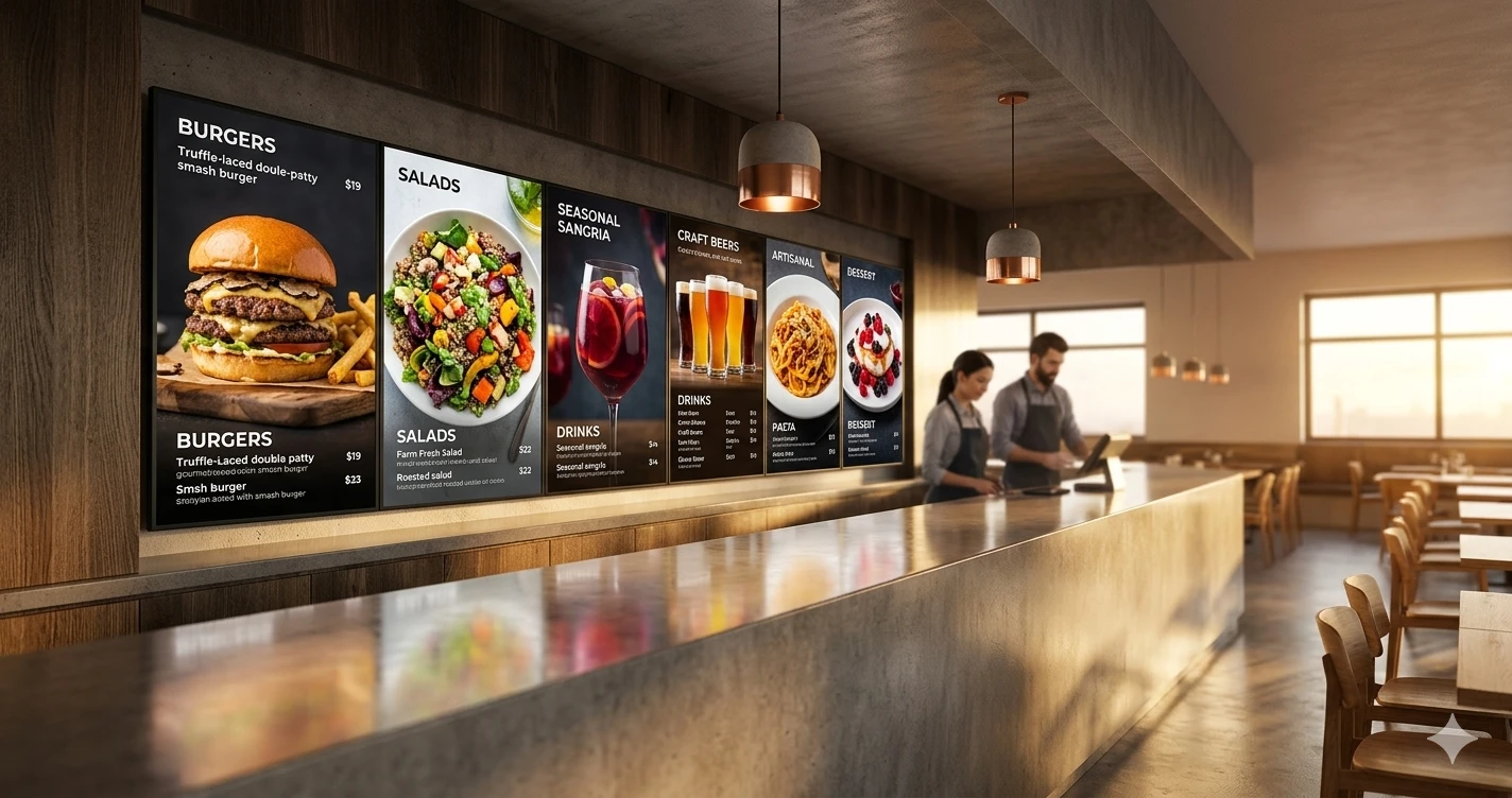 Moderní digitální tabule s jídelním lístkem za pultem restaurace rychlého občerstvení