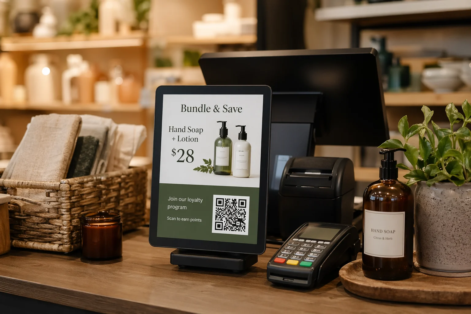 Pokladní pult v malém obchodě s kompaktní digitální obrazovkou propagující balíčkovou nabídku a věrnostní QR kód